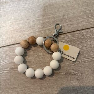 White and Wood Beaded Keychain Bracelet